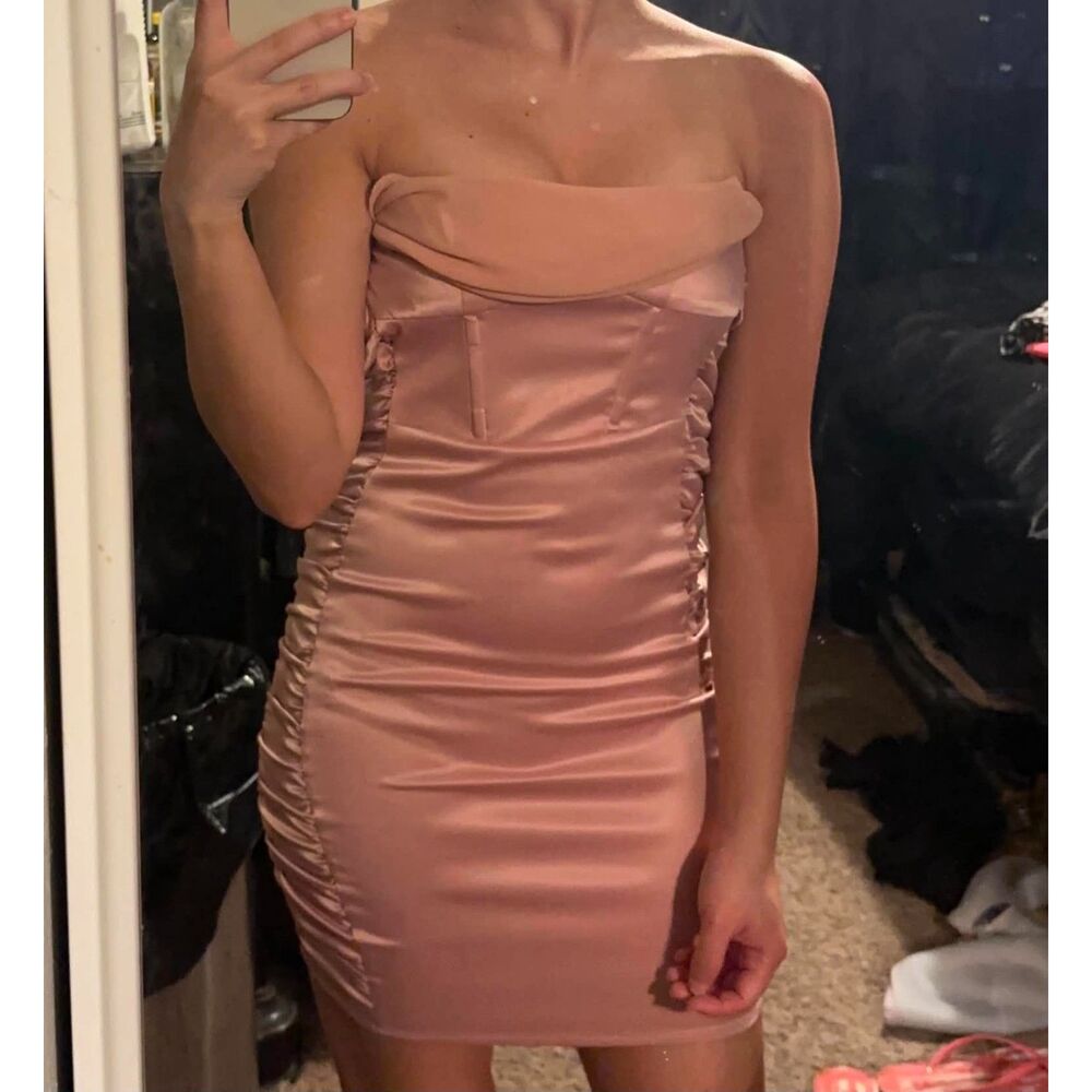 Pink Satin Strapless Mini Dress Bodycon Ruched Party Y2K